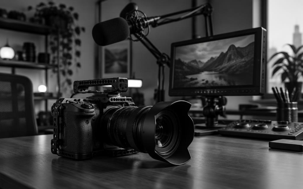 Professional camera in a content creation studio
